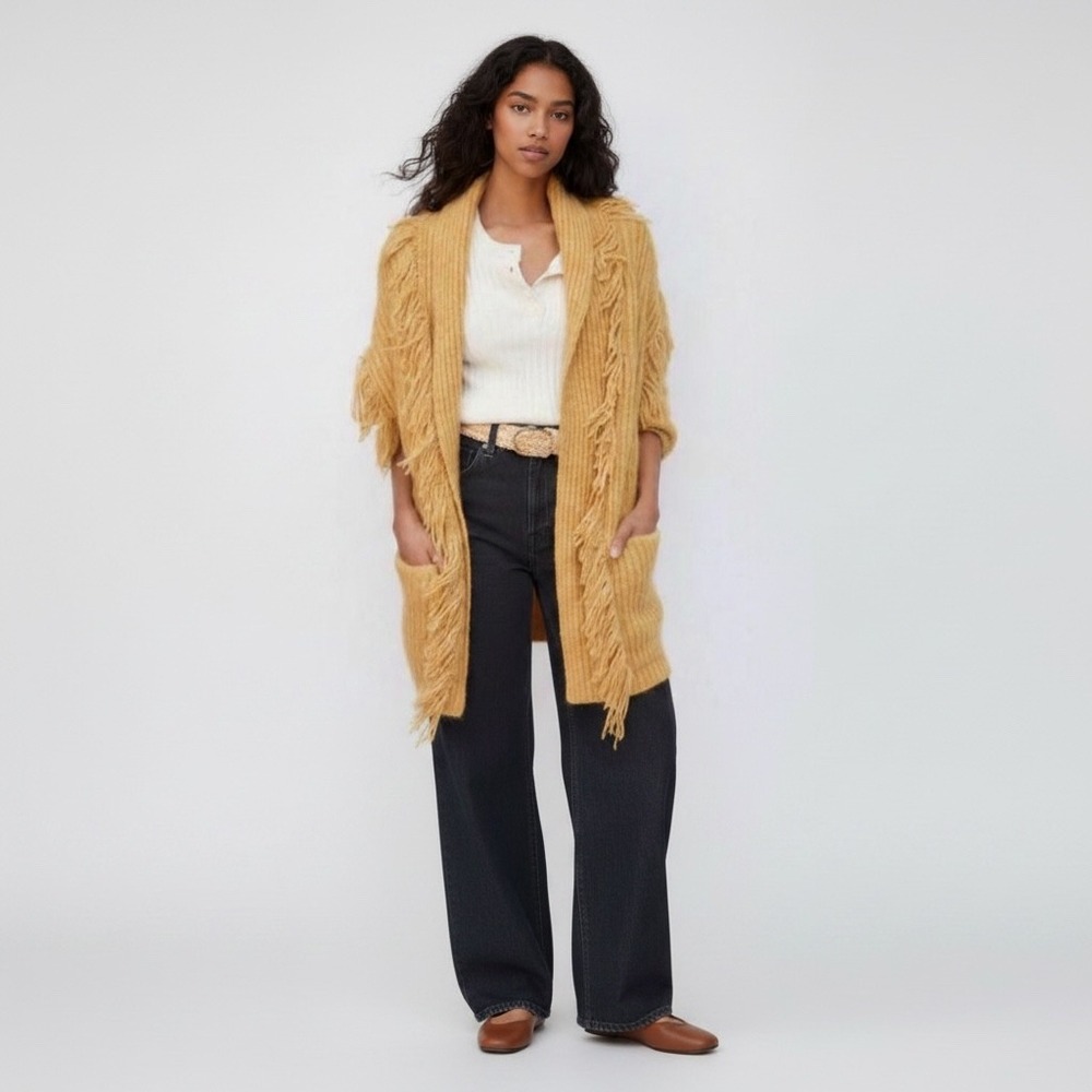 Anthropologie | Amanza Fringed Cardigan XS/S Yellow Alpaca Wool Yak Knit Sweater